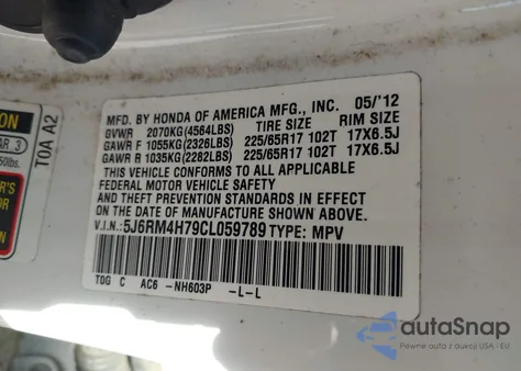 2012 Honda Cr-V Ex-L from USA, damaged, VIN 5J6RM4H79CL059789